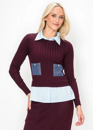 YAL New York Layered Look Knit Top with Denim Pockets - Burgundy
