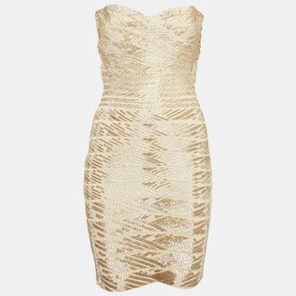 H&eacute;rve L&eacute;ger Beige/gold Stretch Knit Beaded Mini Dress