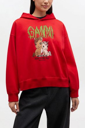 Ganni Red Graphic Cropped Hoodie - Size S Organic Cotton