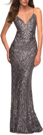 La Femme Print Sequin Gown in Jewel Tones with V Neckline in Gunmetal at Nordstrom, Size 12
