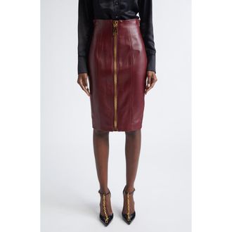 Balmain Zipped High Waist Lambskin Leather Pencil Skirt in Burgundy at Nordstrom, Size 10 Us