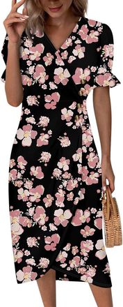 Generic Summer Dresses for Women Knee-Length Elegant with Puff Sleeves V-Neck Floral Print Beach Dress Asymmetric Wrap Midi Dress (Black, XXXL)