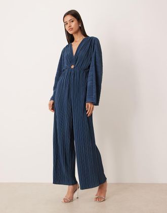 Vero Moda Tuta jumpsuit pliss&eacute; a maniche lunghe arricciata blu scuro-Blu navy