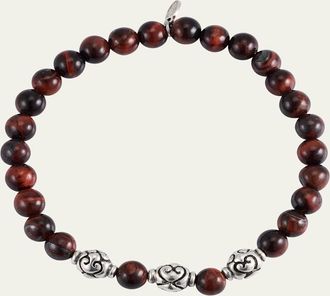 Jan Leslie Mens Red Tigers Eye Beaded Bracelet with Sterling Silver