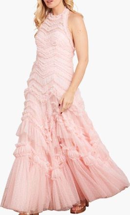 Needle & Thread Elia Halter Neck Ruffle Tulle Maxi Gown in Seashell at Nordstrom, Size 12