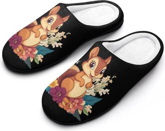 Generic Cute Squirrel With Flowers Womens Slippers Warm House Slippers Indoor House Shoes with Anti-Skid Rubber Sole