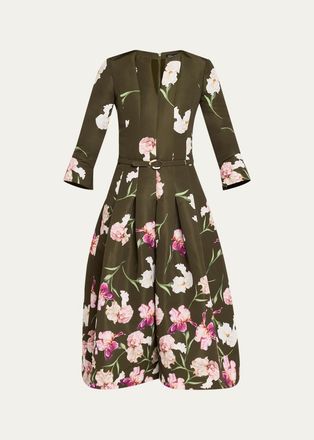 Oscar De La Renta Painted Iris D&eacute;grad&eacute; Faille Split-Neck Midi Dress
