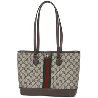 Gucci Beige Brown Coated Canvas Leather Tote Bag (Pre-Owned)