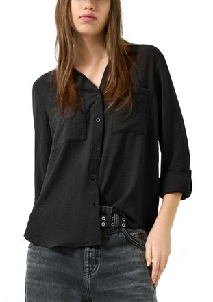 QS by s.Oliver Langarmbluse QS, Damen, Gr. 32, schwarz, Web, Obermaterial: 100% Polyester, unifarben, tailliert h&uuml;ftbedeckend, V-Ausschnitt, mit Knopf krempelbar,mit