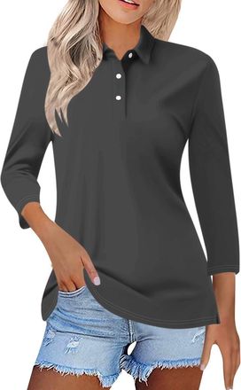 Generic Polo Shirts for Women UK 3/4 Sleeve Ladies Golf Tops Lightweight Cotton V Neck Collared Business Casual Blouse Pockets Tennis Gym Workout T Shirt Athl