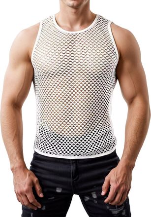 Generic Men Muscle Vest - Workout Hollow Out Tees Mesh String Vests See Through Sheer Fit Fishnet Crop Top Beach Sleeveless Summer for Running, Training & Out
