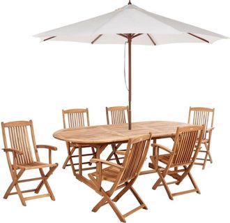 Beliani Garden Dining Set 6 Seater MAUI II with Parasol (12 Options) Acacia Wood Light Brown
