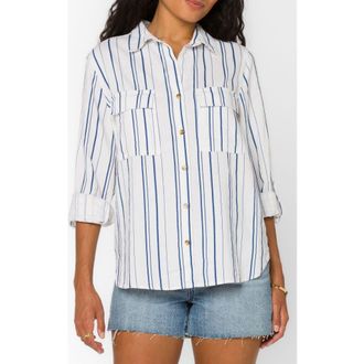 Velvet Heart Talma Roll Tab Sleeve Linen Blend Shirt in Navy Optic White Stripe at Nordstrom Rack, Size X-Small