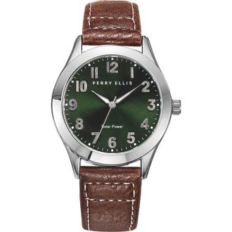 Perry Ellis Easy Read Solar Leather Strap Watch, 41mm in Silver at Nordstrom Rack