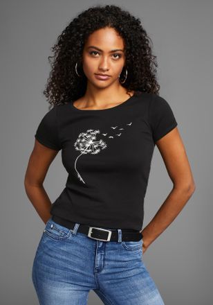 Kangaroos Kurzarmshirt KANGAROOS, Damen, Gr. 32/34, schwarz, Rippware, Obermaterial: 100% Baumwolle, bedruckt, gemustert, Basic h&uuml;ftbedeckend, Rundhals, mit Ums