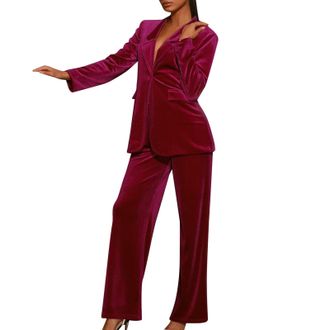 Generic Blazer and Trousers Womens Set Elegant Velvet Trouser Suit Wedding Guest Plain Formal Costume Cuddly Slim Business Suit Jacket and Trousers Two Piece 