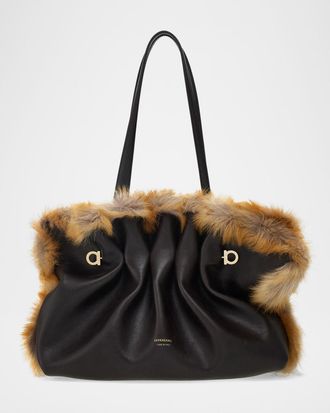 Ferragamo Pinch Soft Shearling-Trim Leather Shoulder Bag