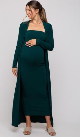 Pinkblush Ribbed Sleeveless Dress Cardigan Set in Forest Green at Nordstrom, Size Medium