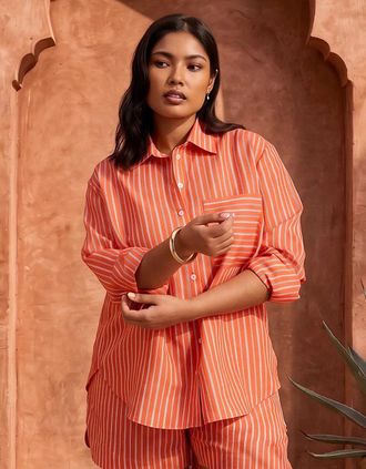 Live Unlimited London Womens Orange Modal Stripe Shirt With Patch Pocket - Size: 28