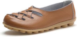 Generic Womens Orthopedic Comfort Loafers Stylish Orthopedic Leather Shoes Hollow Soft Flats Sandals Slip-On Shoes (Khaki,5.5)