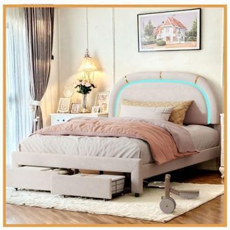 OEM Cama Adulta 140x200 Cm, Cabecero Curvado, 2 Cajones Y Banda De Luz Led Multicolor Rgb, Estilo Moderno Lujo, Tela De Terciopelo Beige