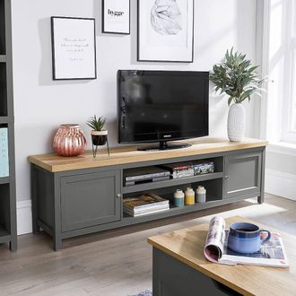 Home Source Industries 2 Door TV Stand Unit with Storage Cabinet & Open Shelving in Dark Grey