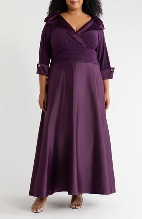 Jessica Howard Rhinestone Button Cuff Sleeve Mixed Media Gown in Eggplant at Nordstrom, Size 22W