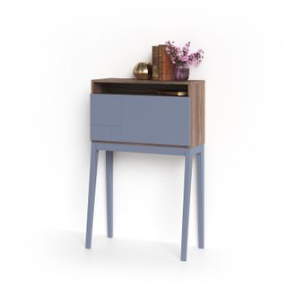 HERDASA Escritorio Bristol En Melamina Nogal Con Puerta Abatible Y Patas De Haya Azul, De Herdasa