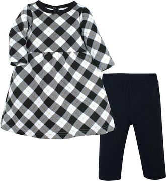 Hudson Baby Quilted Cotton Dress and Leggings in Black Gold Plaid at Nordstrom, Size 18-24M