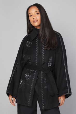 Wallis Womens Embroidered Cape Coat - Black Wool - Size 18 UK