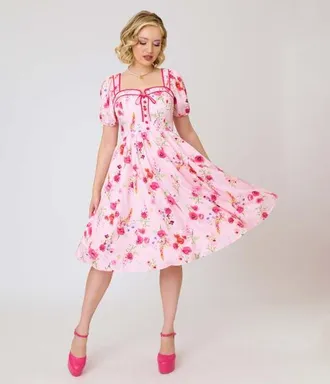 Unique Vintage 1940s Sweetheart Button Front Swing Dress in Pink Floral Print at Nordstrom, Size X-Small