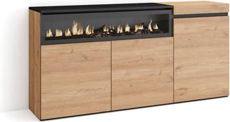 Skraut Home Aparador efecto madera roble y negro 150x35x75cm chimenea efecto fuego