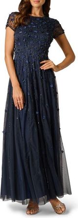 Adrianna Papell Beaded Appliqu&eacute; Gown in Navy at Nordstrom, Size 10