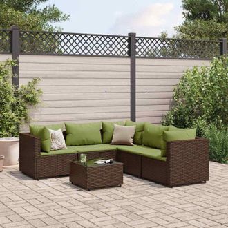 vidaXL Set Muebles De Jard&iacute;n 6 Piezas Y Cojines Rat&aacute;n Sint&eacute;tico Marr&oacute;n Vidaxl