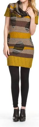 Papillon Cowl Neck Short Sleeve Belted Patchprint Dress In Mustard