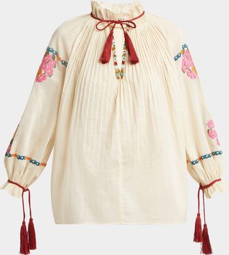 Valentino Garavani Floral Embroidered Pintuck Blouse