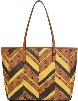 MCM Studded Toni Top-Zip Shopper in Mega Herringbone Visetos in Cognac at Nordstrom
