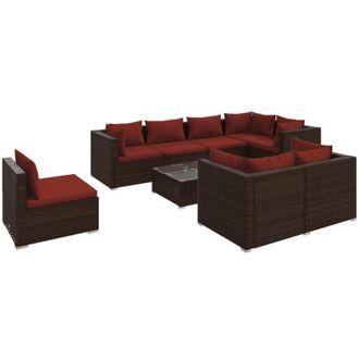vidaXL Set Muebles De Jard&iacute;n 9 Piezas Y Cojines Rat&aacute;n Sint&eacute;tico Marr&oacute;n Vidaxl