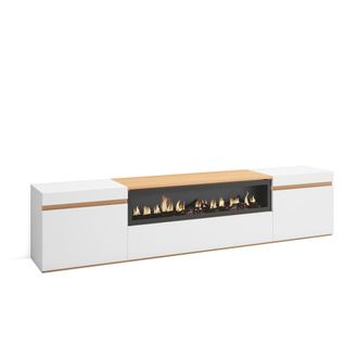 Skraut Home Skraut Home - Mobile Tv Soggiorno, Ampio Spazio A Disposizione, 200x35x45cm, Per Tv Fino A 80, Camino Elettrico, Stile Moderno, Bianco E Rovere Soft