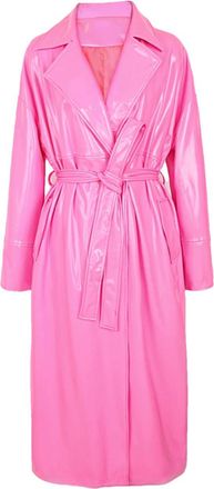 Generic Shiny PVC Leather Long Oversized Trench Coat for Women Single Breasted Sashes Runway Overcoats Pink XL