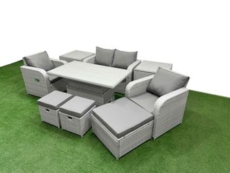 Fimous Light Grey PE Wicker Rattan Garden Furniture Set Sofa Set Reclining Chair Adjustable Lifting Dining or Coffee Table 7 Seater 3 Stools 2 Side