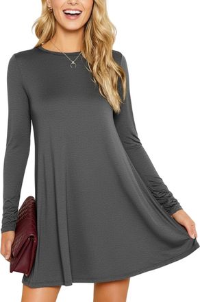 Re Tech UK Womens Ladies Party Dresses for Women UK Long Sleeve Midi Plain Flared A line Skater Swing Dress Jersey Tee Plus Size Dress Summer Winter Charcoal Dar