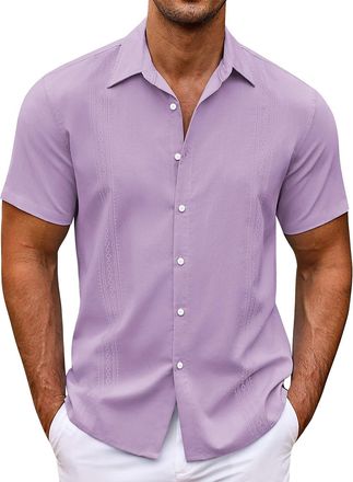 Generic Trucker caps for Men Solid Color Trendy Striped Loose Short Sleeved Shirt Mens Short Sleeved Shirts (Purple, L)