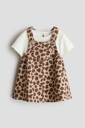 H&M 2-piece overall dress and top set in Beige/leopard Print at Nordstrom, Size 18M