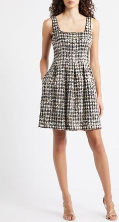 Vince Camuto Sequin Boucl&eacute; Fit & Flare Dress in White Black at Nordstrom Rack, Size 10