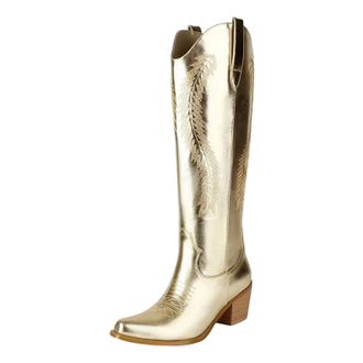 Generic Womens Western Knee High Boots Square Toe Med Block Heel Side Zipper With Classic Decorative Embroidery