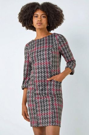 Roman Houndstooth Pocket Shift Stretch Dress