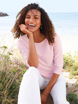 Casual Looks 3/4-Arm-Shirt CASUAL LOOKS Ringelshirt, Damen, Gr. 36, ros&eacute;, wei&szlig;, geringelt, 54% Polyester, 36% Baumwolle, 10% Viskose, gemustert, gestreift, mehrfar