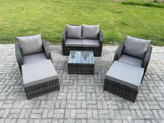 Fimous 6 Seater High Back Rattan Garden Furniture Set with Square Coffee Table 2 Big Footstool Reclining Chair Indoor Outdoor Patio Lounge Sofa Set