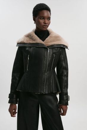 Karen Millen Womens Shearling High Low Jacket - Chocolate Leather - Size 16 UK